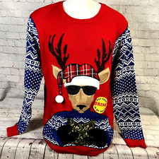Jolly Sweaters Men's Size XL Ugly Christmas Reindeer Sweater Drink Pocket NWT