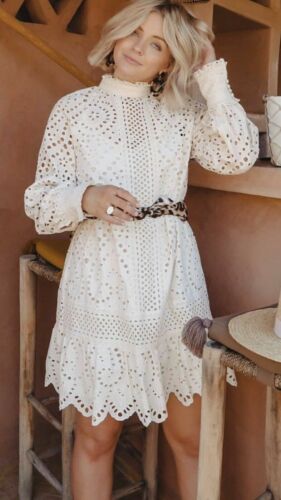 H&M TREND Ivory Cream Eyelet Broderie Anglaise Mini Tunic Dress size XS 6 8 10 - Afbeelding 1 van 8