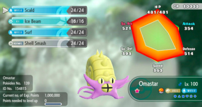 Pokemon Let's Go Pikachu/Eevee 6IV Max AV Shiny Omastar