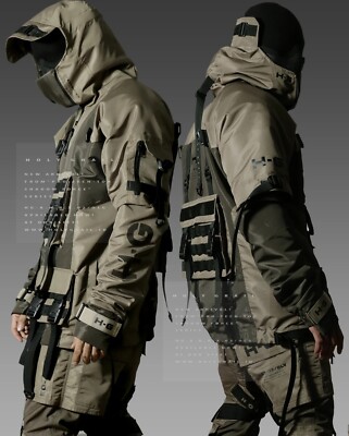 Men's Techwear Beige Olive Green Jacket Hoodie Full Zip Buckle 