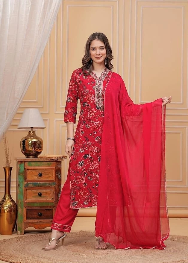 ❤️ Indian Bollywood Ethnic Red Suit Set 💃 Floral Kurta with Dupatta for Women - Image 4 of 4