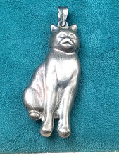 Puffy Adorable Sterling Silver Seated Cat Pendant: 2" x .75"