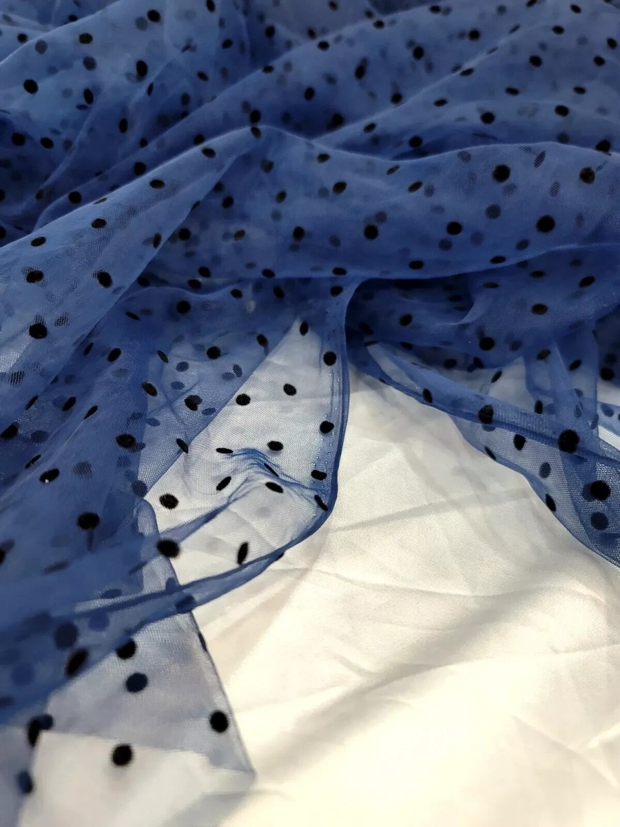 Navy Blue Tulle Mesh Fabric Sold By The Yard Black Velvet Polka-dot For  Dress | eBay