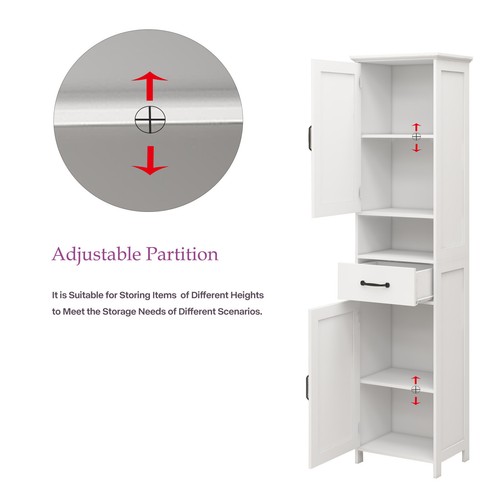 Tall Bathroom Floor Cabinet W/ Shelves Narrow Storage W/ Doors & Drawer White - Picture 3 of 11