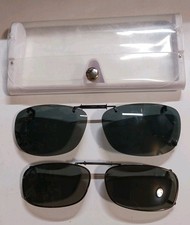 Lot of 2 Rimless Clip-On Sunglasses Vintage Style Fits Most Glasses w/ Case
