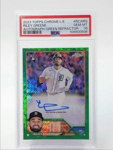 RILEY GREENE 2023 TOPPS CHROME ROOKIE GREEN LOGOFRACTOR RC AUTO /99 PSA 10 Q2754