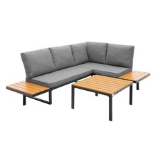 Ensemble salon de jardin 3 meubles canape d'angle modulable en gris aspect bois