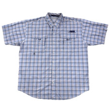 Mens Columbia Super Bahama PFG Button Up Shirt Blue Pink Size XL Fishing Plaid