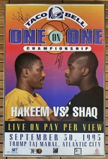 SHAQUILLE ONEAL & HAKEEM OLAJUWON SIGNED VINTAGE 22x33 FRAMED 1995 1v1 JSA COA