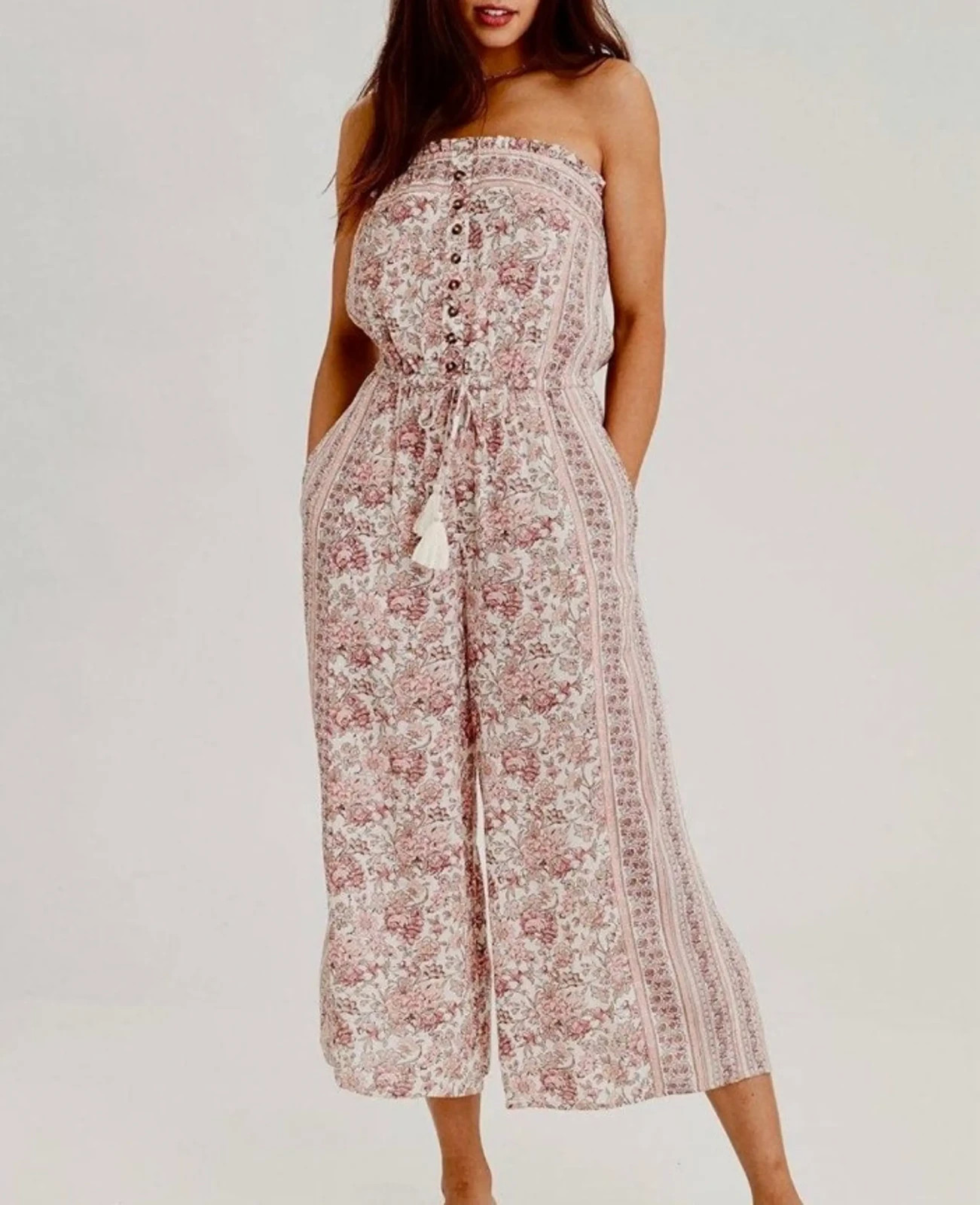 American Eagle Strapless Pink Floral Capri Jumpsuit S Wide Leg Romper Y2K Boho