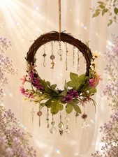 Handmade Floral Crystal Suncatcher Grapevine Wreath Rainbow Prism Window Decor