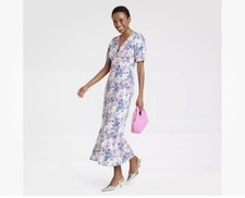 A New Day Floral Midi Dress Women’s Large Puff Sleeve Surplice V Neck Purple Blu