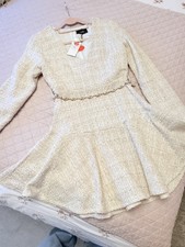 Cider Dress Cream Boucle Tweed Knit with Gold & Faux Pearl Belt Mini - Size XS