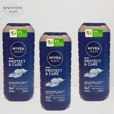 3X 250Ml Nivea Men Protect & Care 3In1 Shower Gel For Body Face Hair