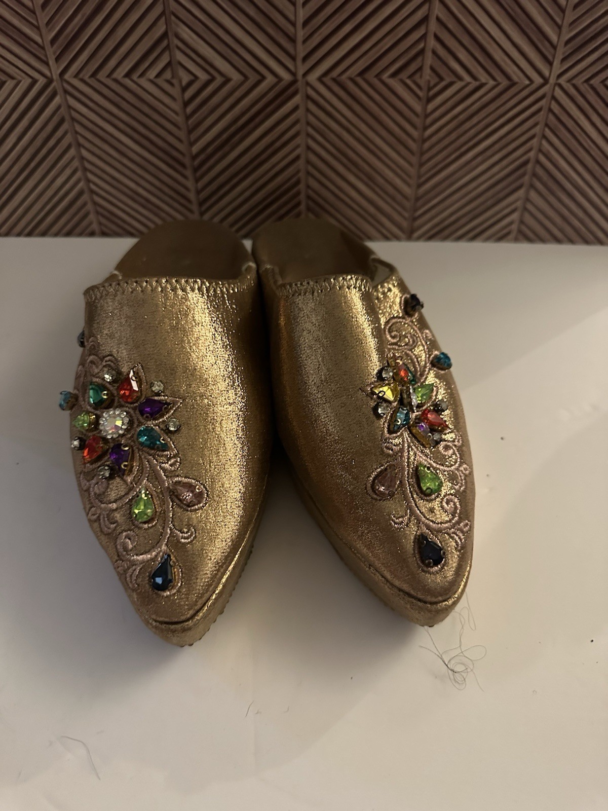 PANTOFOLA D’ORO Babouche Saada pantofole marocchine in pelle fatte a mano taglia 37 oro con gioielli