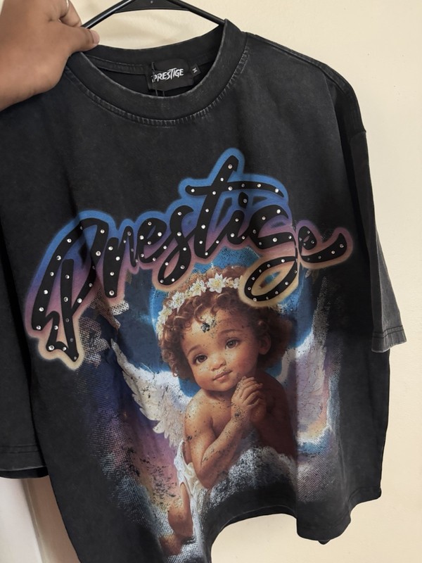 Prestige Black Angel Graphic Print Rhinestone Crew Neck Short Sleeve T-Shirt m