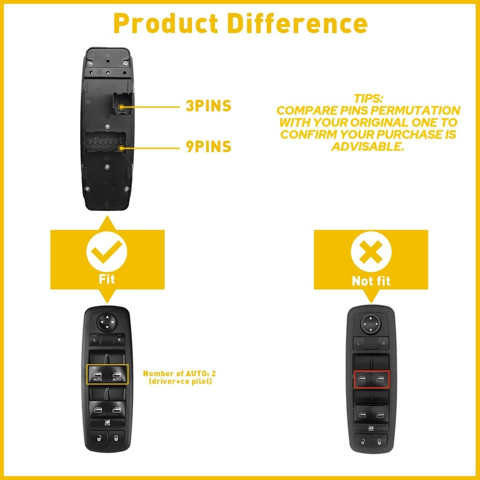 Interruptor de ventana principal compatible con Chrysler Ram Dodge 1500 2015 2013 2500 2014 68110866AA Foto 3 de 4