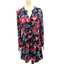 Loft Floral Print Long Sleeve Smocked Waist Dress Black Red Blue