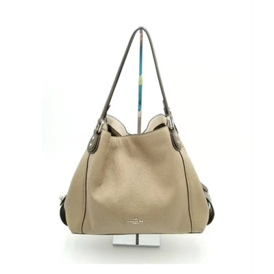 Coach Beige Pebbled Leather Shoulder Bag Silver Hardware Zipper