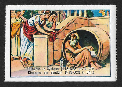 BRANDNEU! Plakatmarke Schweizer Cailler: Philosoph Diogenes der Zyniker (1940)
