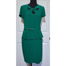 Danny & Nicole Emerald Green Peplum Sheath Dress Size 10 Belted Cutout Neck.