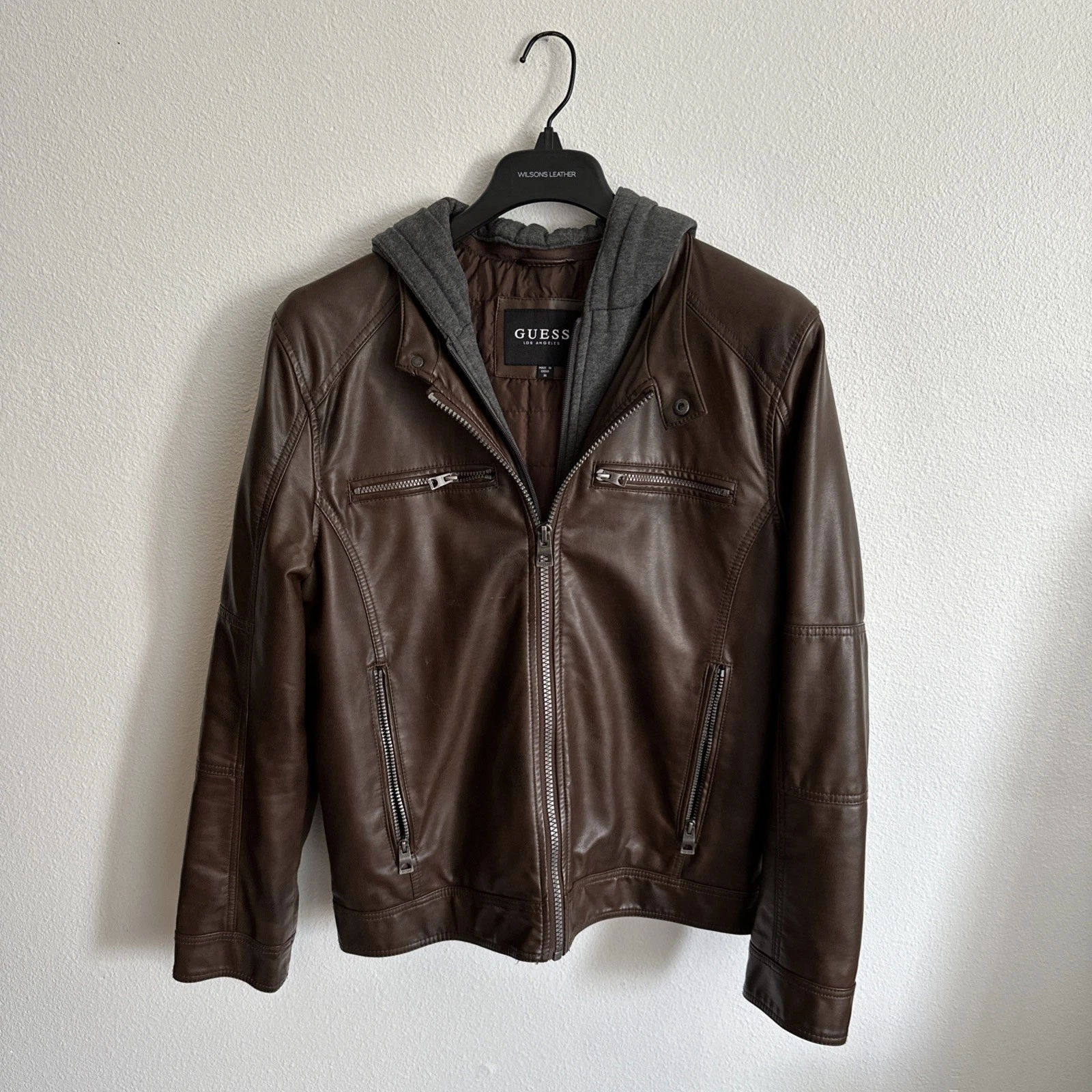 GUESS Men's Brown Faux-Leather Full-Zip Hoodie Jacket Size Medium