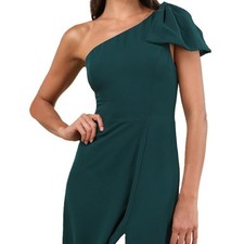 Lulus One Shoulder Maxi Dress Emeral Green w/ Bow Side Zip Side Slit Large NWT