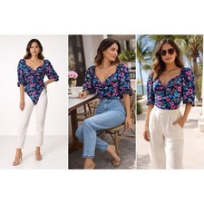 Misa Los Angeles Floral Ruched Puff Sleeve Bodysuit Multicolor Rose Large