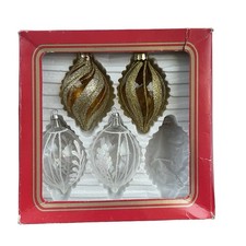 4 Vtg Herald Gold + Silver Glitter Argyle Ornaments Christmas Tree Clear Glass