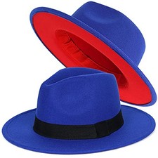 Trendy Fedora Hats for Men  Women Wide Brim Felt Hat Dress Medium A Blue-red