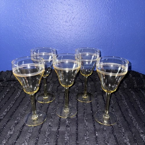 Federal Glass Madrid Amber Depression Glass Wine Glasses – Set of 5, Etched, EUC