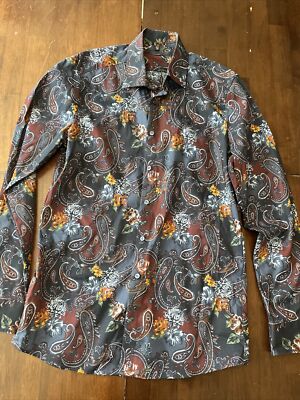 Marvelis Mens Non Iron Button Down Shirt Blue Paisley Size M Long Sleeve