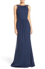NWOT navy Indigo  Hayley Paige Lace Strap Gathered Chiffon Gown size  4