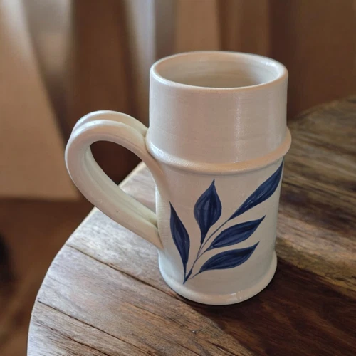 Williamsburg Pottery Mug Tall Cobalt Blue Leaf Salt Glazed Hand Thrown