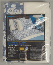 Vintage Sears Country Daisy Twin Flat Sheet Blue Muslin Cotton Polyester Floral