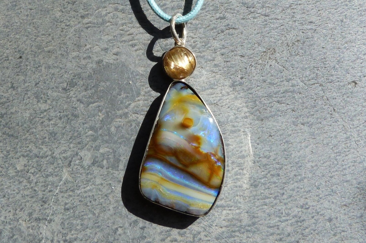 Pendentif En Argent 925 Avec Opale Boulder Et Quartz Rutile - Bijou Unique Multicolore - Bimonia