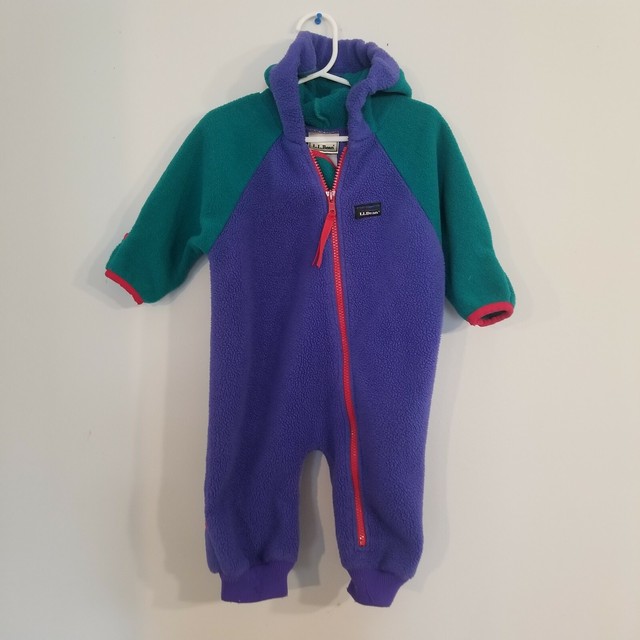 LL Bean Kids Fleece Baby Bunting One Piece Colorblock Purple Green 12