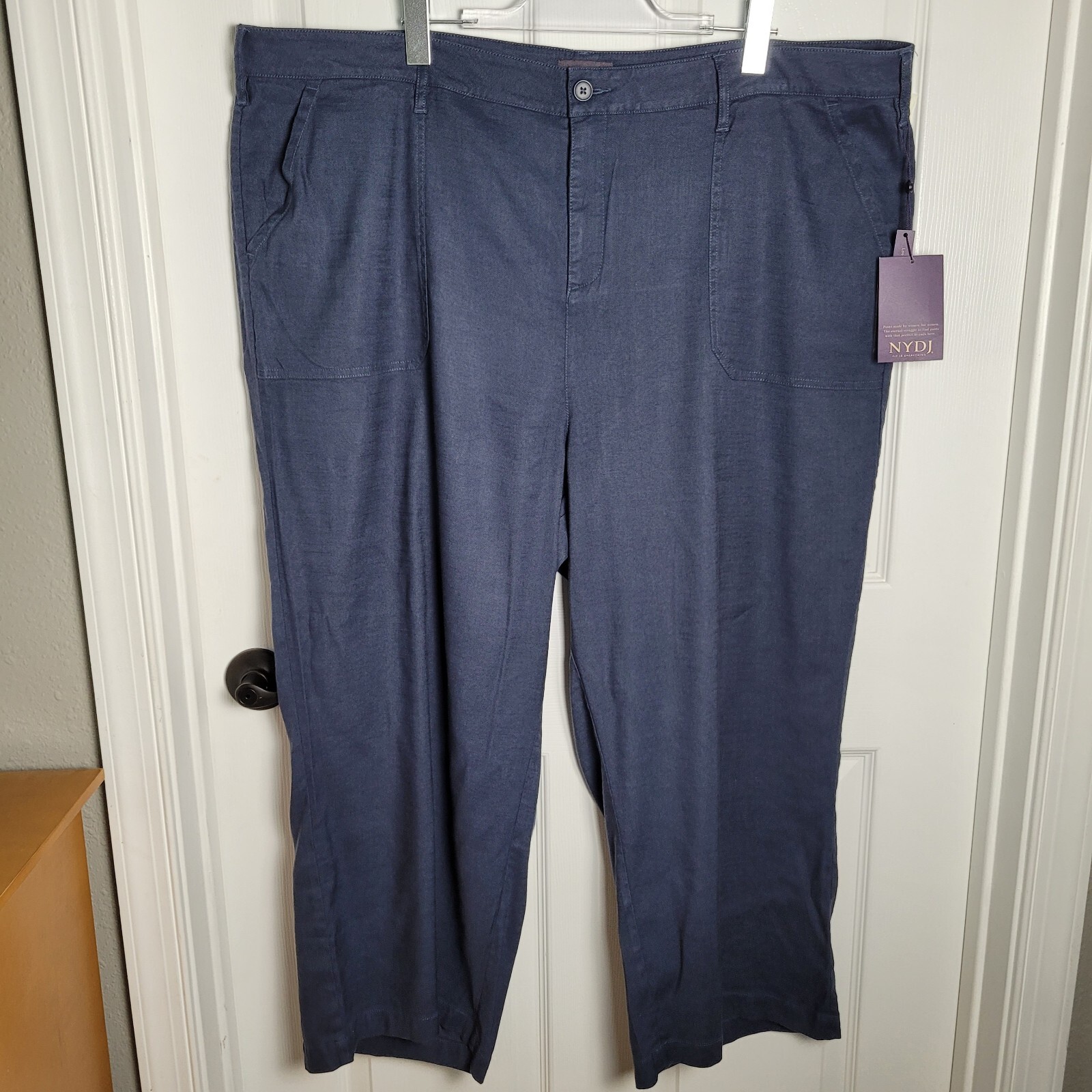 NYDJ Pants 22W Navy Blue Linen Blend Wide Leg Cargo Capri Lift Tuck Stretch NEW
