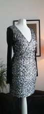 S, 8, Silver Sequin Black Mesh Mini Short Dress, Long Sleeve, Bodycon, V Neck