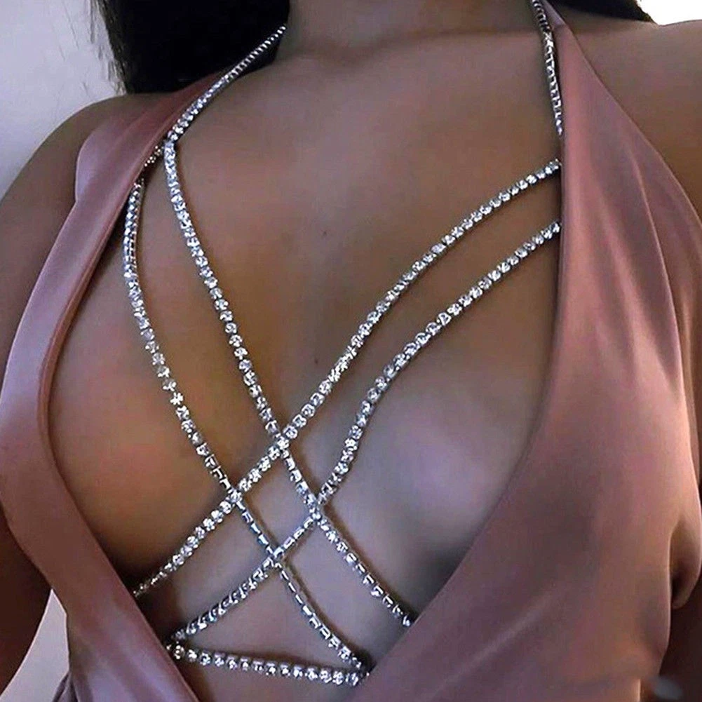 Women Rhinestone Chain Necklace Bra Breast Body Chest Silver Gold