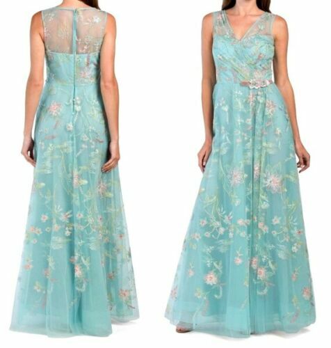 Teri Jon Sleeveless Tulle Embroidered Illusion V-neck Gown Aqua Multi sz16 $1180 image 2