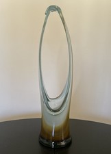Vintage MCM Hand Blown Stretched Art Glass Basket Vase Murano Style Brown Blue