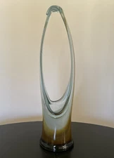 Vintage MCM Hand Blown Stretched Art Glass Basket Vase Murano Style Brown Blue