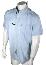 TOMMY HILFIGER Men's M Blue Stipe Stitched TH Logo Short Sleeve Shirt RETAIL 69