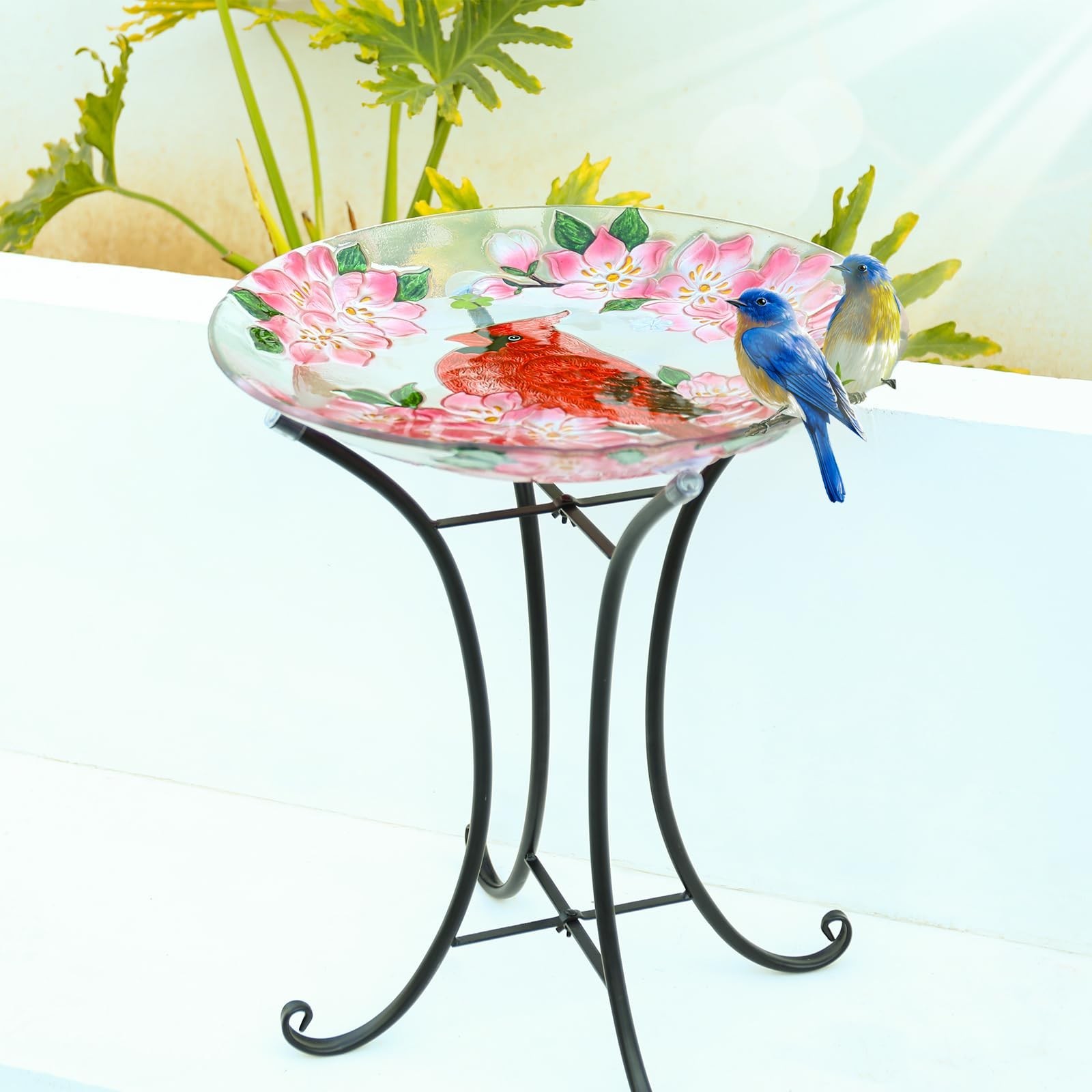 MUMTOP Outdoor Glass Birdbath with Metal Stand for Outside Lawn Yard Garden C...