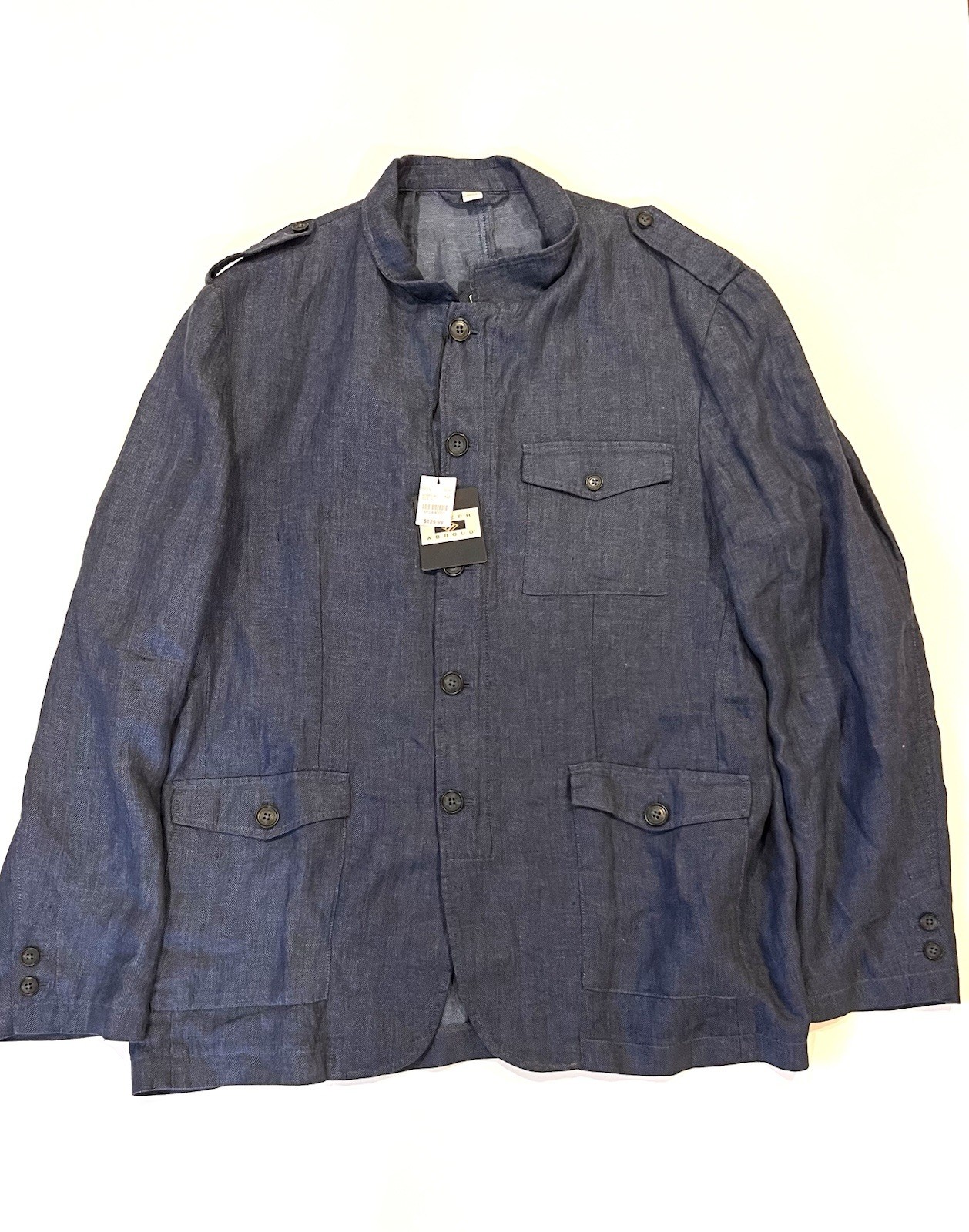 NWT Joseph Abboud Herringbone Linen Military Jacket for Men XL Blue Zip Button