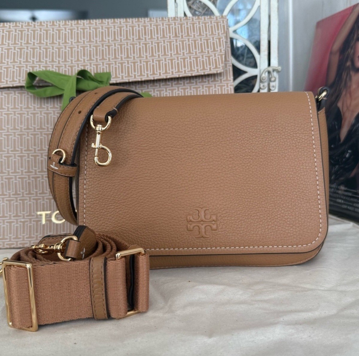 New Tory Burch Thea Web Flap Crossbody In Tiramisu | eBay