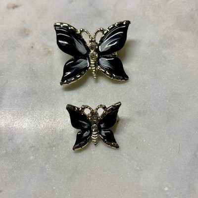 Vintage Two Enamel Butterfly & Rhinestone Gold Tone Scatter Pins Circa 1960