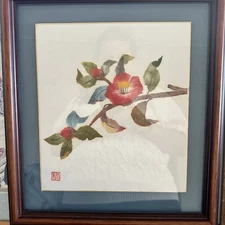  Japanese washi paper art camellia flowers (tsubaki) on a branch. ORIGINAL,CHOP,