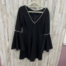 Lulus Romantic Intention Black Pearl Bell Sleeve Skater Dress Size Medium